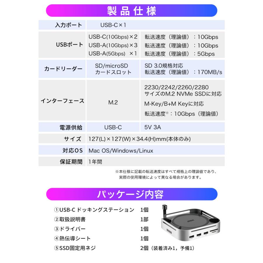 特価セール 10-in-1 USB-Cドッキングステーション M.2 NVMe SSDスロット搭載 USB-Cハブ USBA/C 10Gbps高速転送 Mac mini M4/M4 Pro対応  翌日配達宅配便配送 | JNH | 12