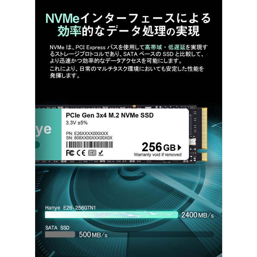 Hanye 内蔵型 SSD 256GB PCIe Gen3x4 M.2 NVMe 2280 2400MB/s 3D NAND