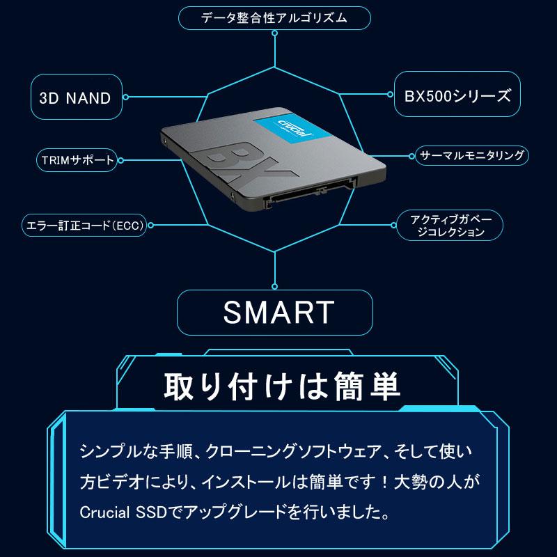 Crucial クルーシャル SSD 480GB BX500 SATA3 内蔵 2.5インチ 7mm CT480BX500SSD1 + SATA-USB3.0変換ケーブル付 翌日配達 3年保証 送料無料｜jnh｜03