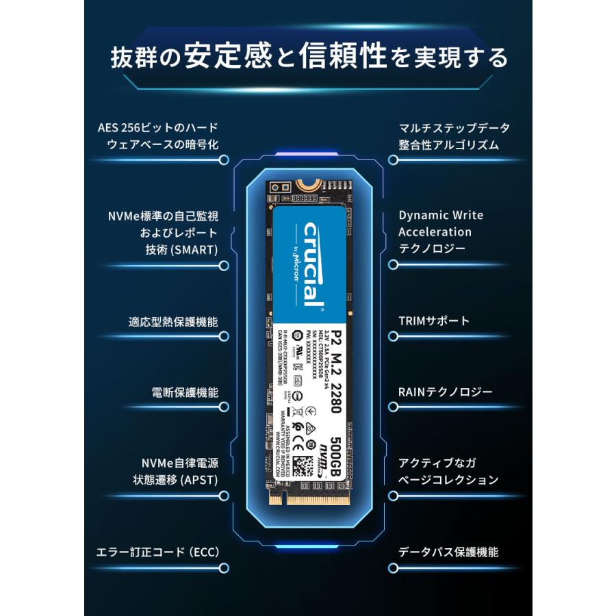 crucial（クルーシャル） 500GB NVMe PCIe M.2 SSD P2シリーズ