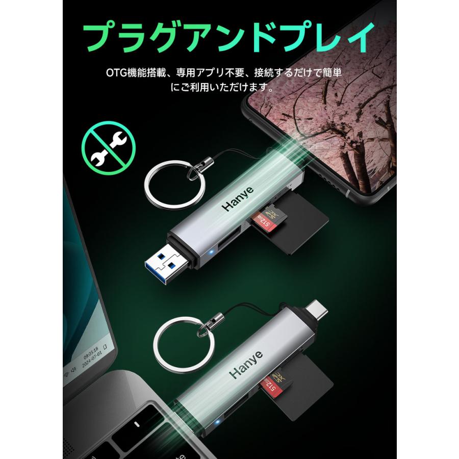 Hanye SDカードリーダー USB 3.2 Gen 1 UHS-I Type-C OTG対応 5Gbps 170MB/s 3-in-1 SDXC microSDXCカードリーダー USBポート 翌日配達 1年保証 | Hanye | 08