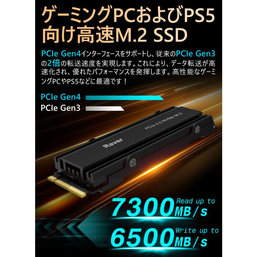 Raver NVMe SSD 4TB 3D NAND TLC ヒートシンク搭載 PCIe Gen 4x4 R:7300MB/s W:6500MB/s 国内5年保証 PS5 Pro/PS5 Slim/PS5動作確認済み 宅配便配送 翌日配達の画像