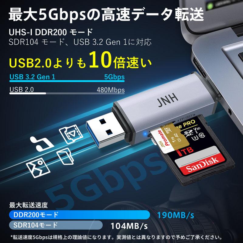 セール！ JNH SDカードリーダー USB 3.2 Gen 1 UHS-I DDR200 モード 超高速転送最高190MB/ｓ Type-C OTG対応 5Gbps 2-in-1 microSDXC 翌日配達・ネコポス｜jnhshop｜07