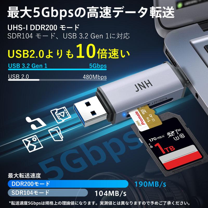 JNH SDカードリーダー USB 3.2 Gen 1 UHS-I DDR200 モード 超高速転送最高190MB/s Type-C OTG対応 5Gbps 2-in-1 microSDXC 翌日配達 ネコポス｜jnhshop｜07