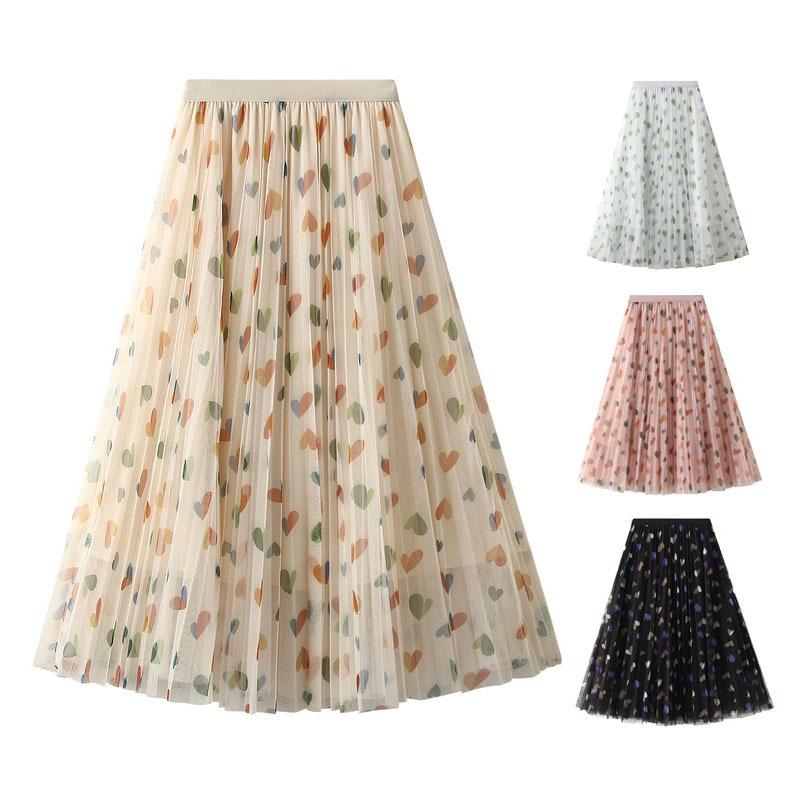スカート レディース チュールスカート 夏 春コーデ マキシ ウエストゴム ロング ハート柄 フレアスカート ミモレ