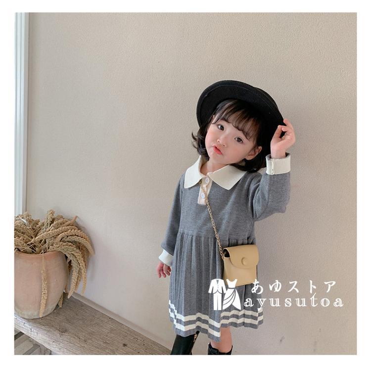 ニットワンピース ポロ襟 長袖 ライン入りワンピース 上品 きちんと感 子供服 キッズ 子ども 祝い 赤ちゃん 誕生日 服 1歳 2歳 3歳 4歳 90-130 グレー ブラック｜jnjn｜09