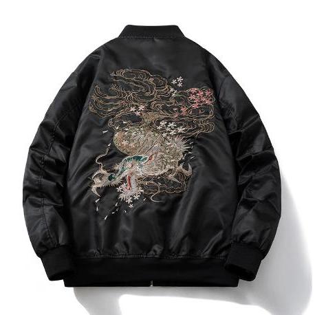 黒のドラゴン刺繍スカジャン JAPAN ドラゴン 龍 精密刺繍 スカジャン アウター MA-1タイプ ブルゾン 2XL