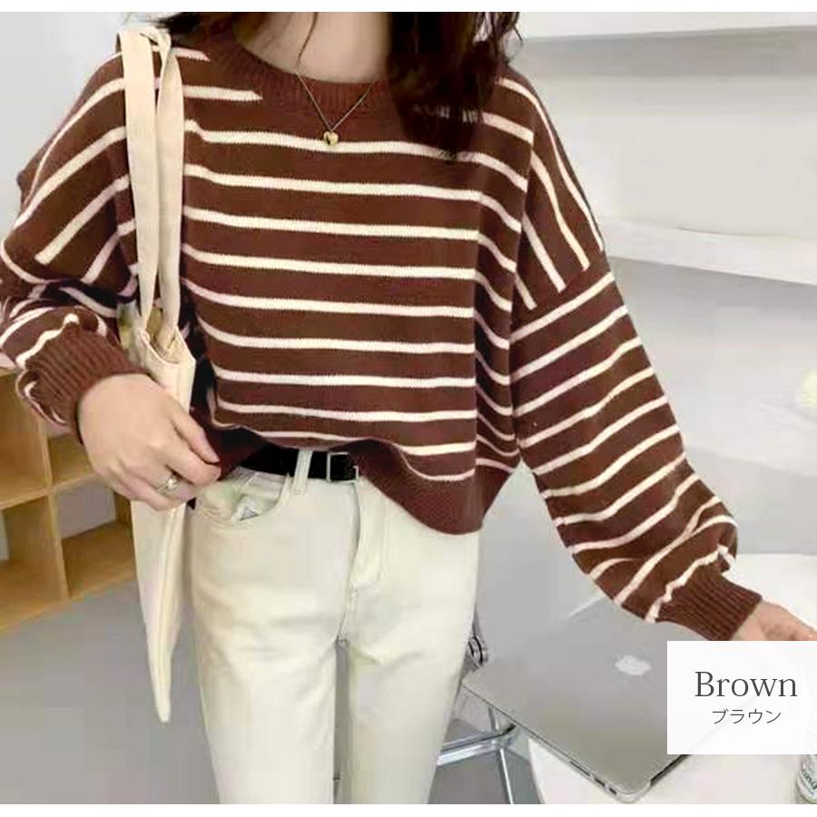 ニットトップス 長袖ニット 韓国 トップス 服 バックボタン ボーダー