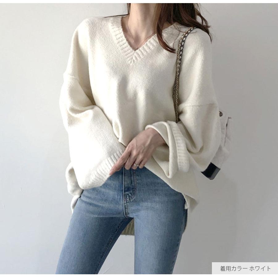 ニットトップス Vネック 無地 カジュアル 大人 可愛い 春 黒 白