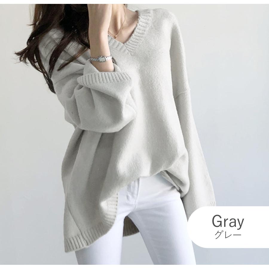 ニットトップス Vネック 無地 カジュアル 大人 可愛い 春 黒 白