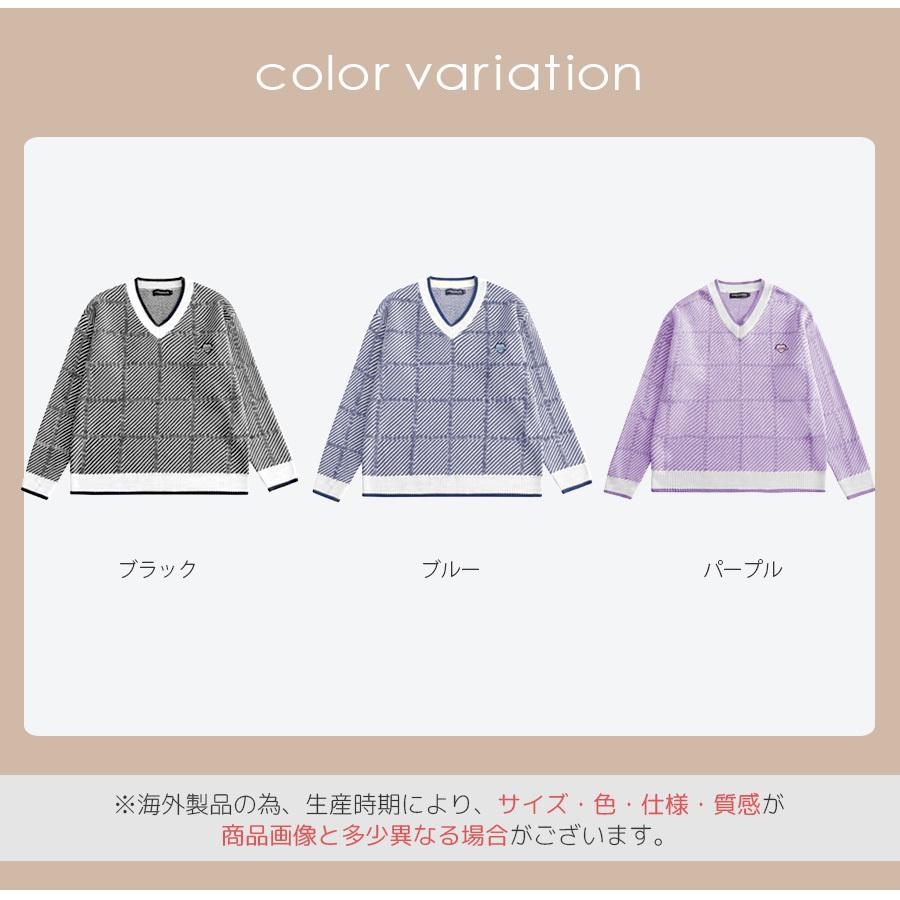 ニットトップス Vネック オーバーサイズ チェック ストライプ 長袖