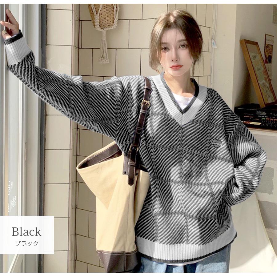 ニットトップス Vネック オーバーサイズ チェック ストライプ 長袖