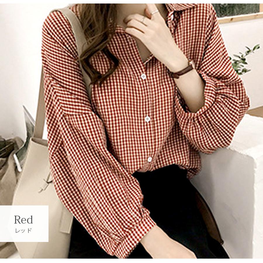 シャツ チェック ドロップショルダー ブラウス 七分袖 八分袖 韓国