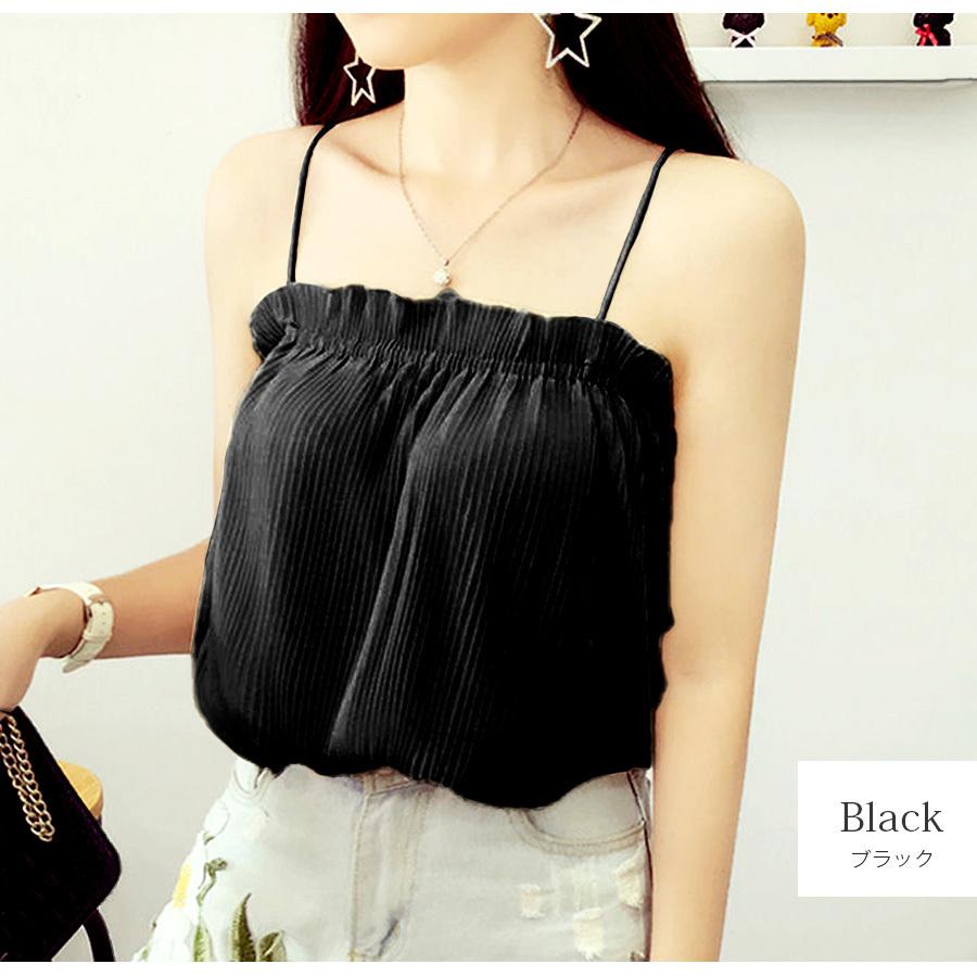 シフォン キャミソール 肩だし トップス レース プリーツ ブラック 黒