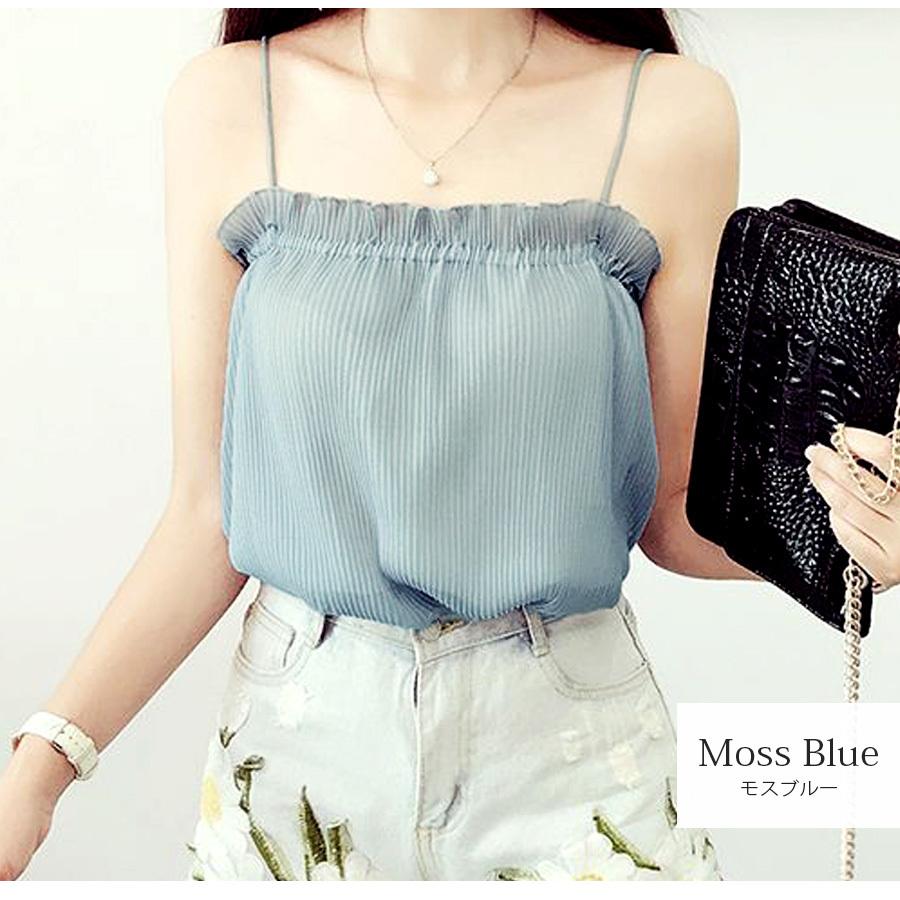 シフォン キャミソール 肩だし トップス レース プリーツ ブラック 黒