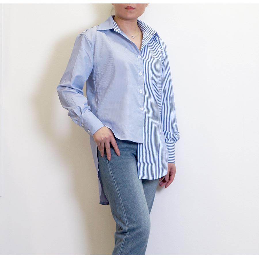 Ground Y / 長袖シャツ/3/コットン/ブルー/アシンメトリー/ロング/ストライプ/GS-B05-007 シャツ 長袖 ストライプ アシンメトリー スリット トップス ポケット
