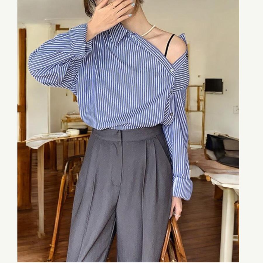 ブラウス 長袖 ストライプ 斜め ボタン アシンメトリー トップス