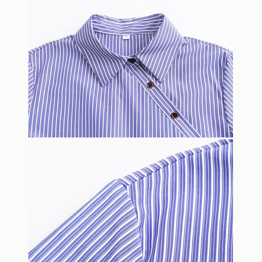 ブラウス 長袖 ストライプ 斜め ボタン アシンメトリー トップス