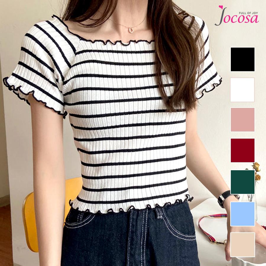 メロウフリル ボーダー 半袖 ニット ブラック 黒 ホワイト 白 ピンク