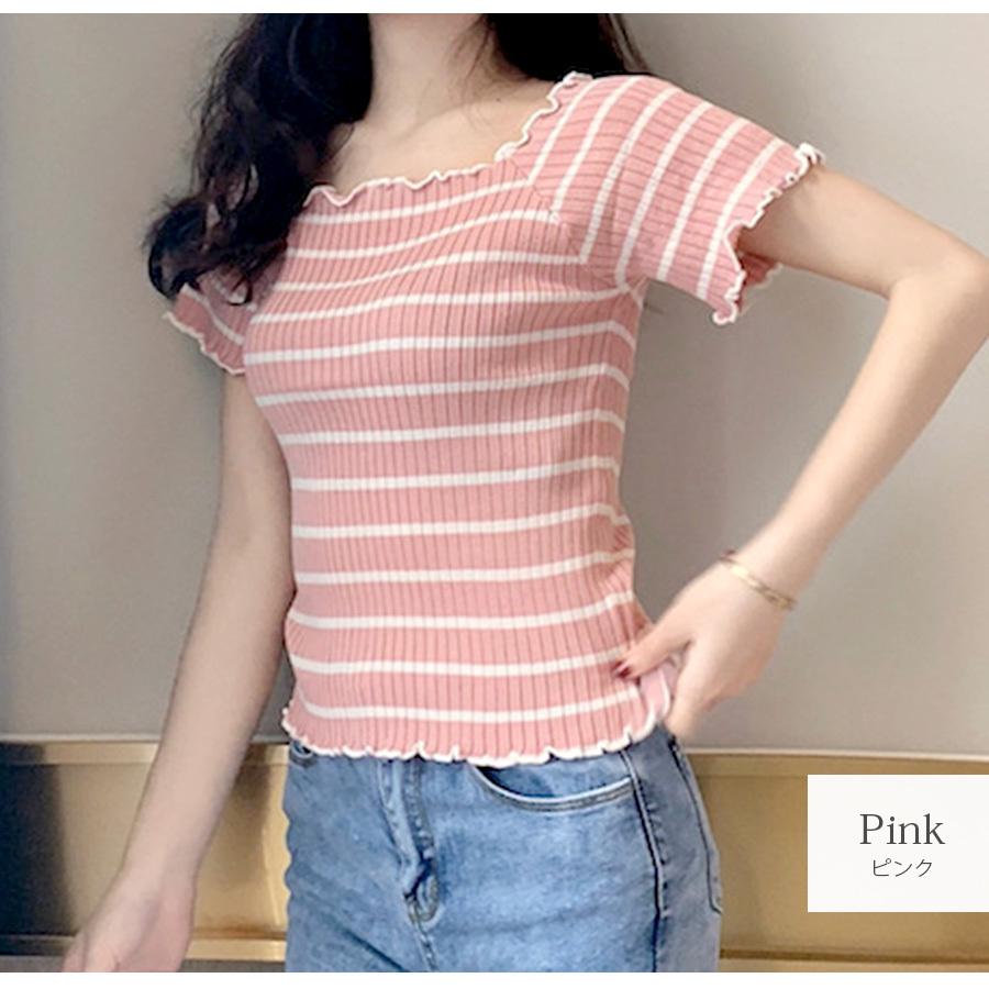 メロウフリル ボーダー 半袖 ニット ブラック 黒 ホワイト 白 ピンク