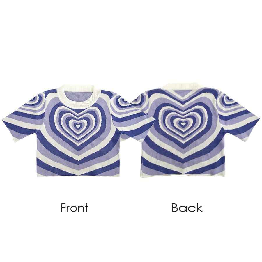 半袖 ニット ショート丈 ハート柄 韓国ファッション トップス レッド