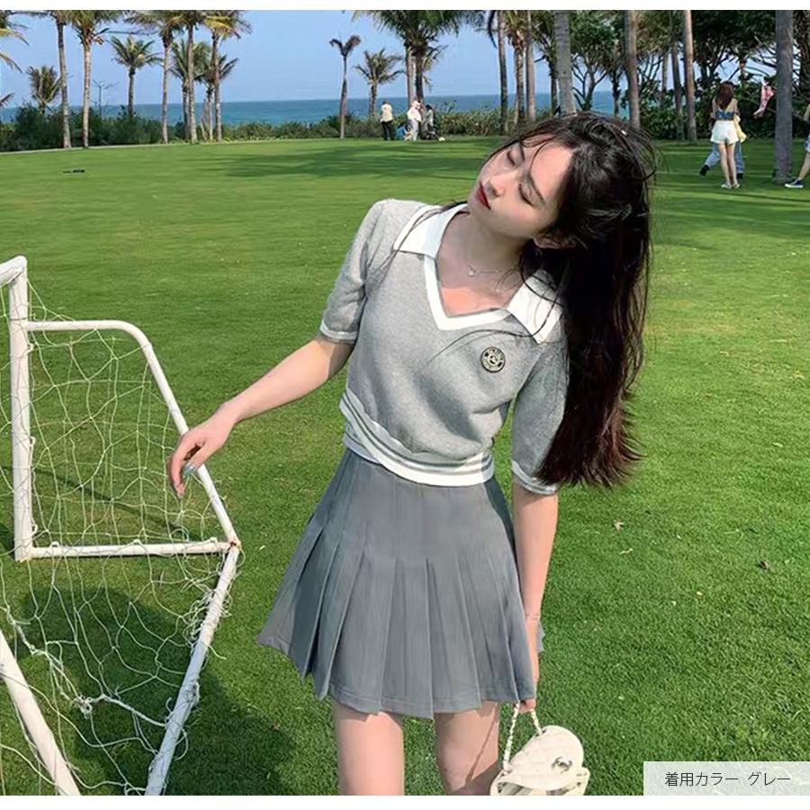 サマーニット 半袖 ショート丈トップス 夏 ポロニット 襟付き トップス