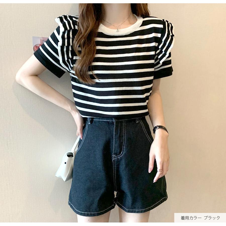 サマーニット 夏 半袖 トップス フリル ボーダー ニット 配色 ラウンド