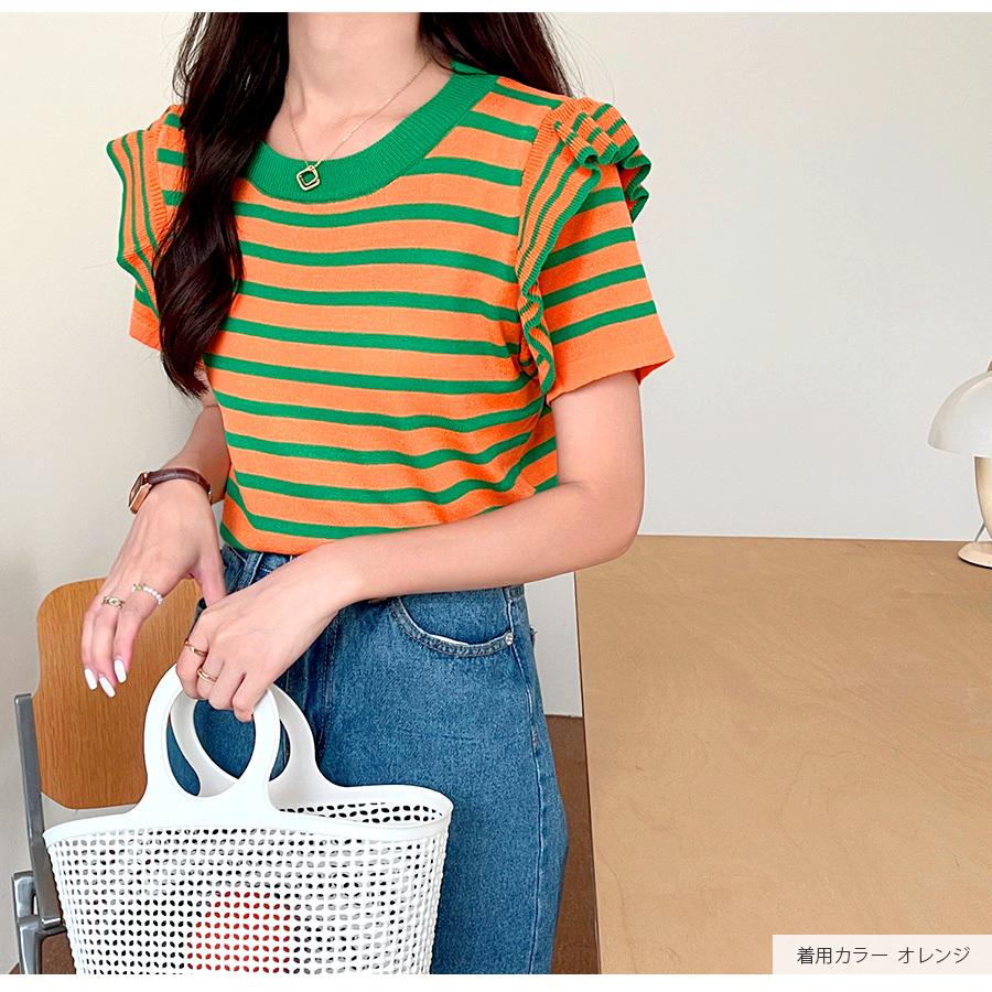 美品✦マークアンドロナ✦サマーニット＋サンバイザーオレンジセットアップ サマーニット 夏 半袖 トップス フリル ボーダー ニット 配色 ラウンド