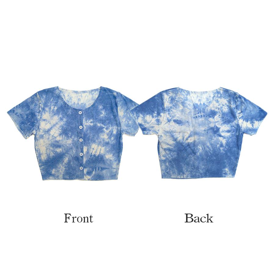 ショート丈トップス カットソー タイダイ柄 夏 リブ ボタン 半袖