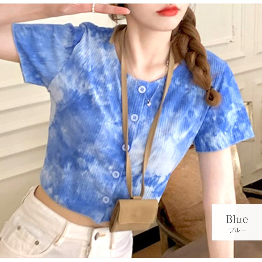 ショート丈トップス カットソー タイダイ柄 夏 リブ ボタン 半袖