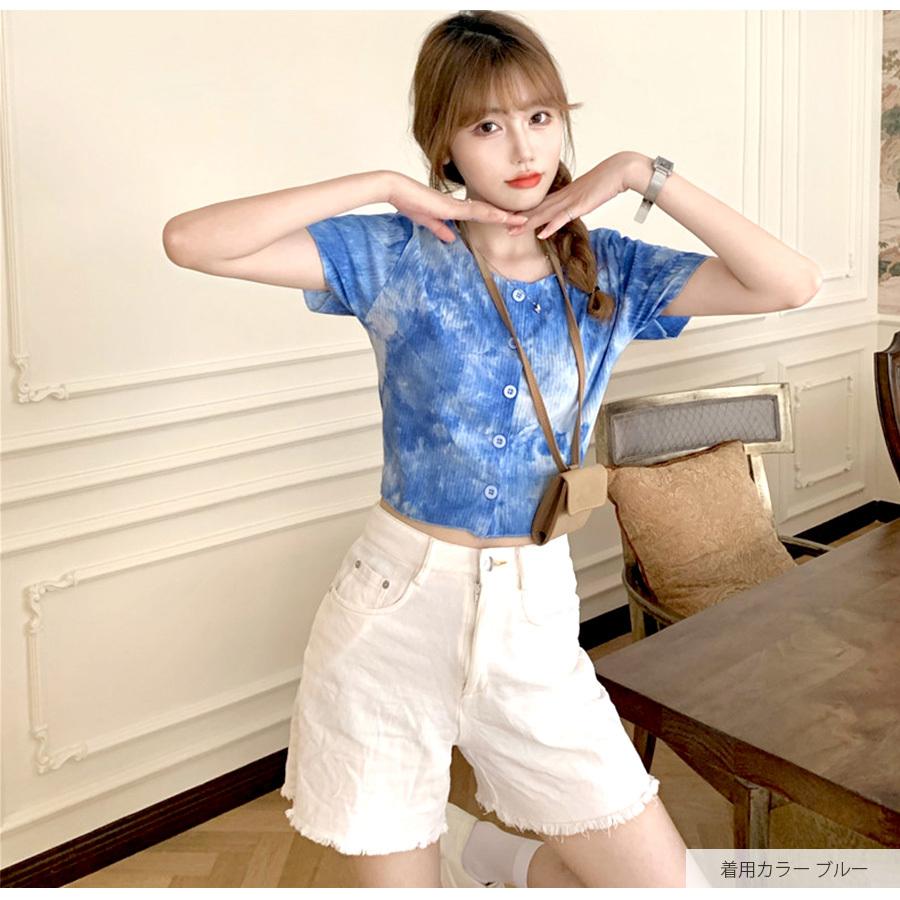 ショート丈トップス カットソー タイダイ柄 夏 リブ ボタン 半袖