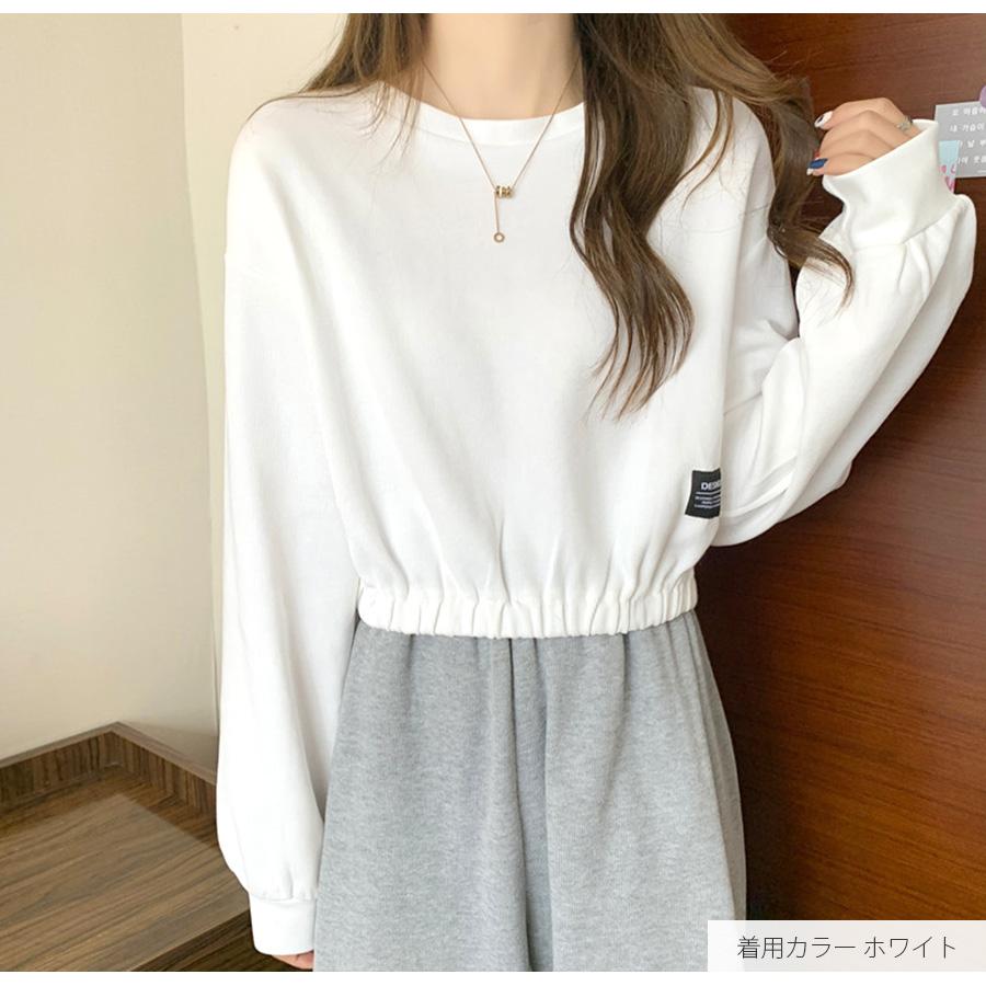 ショート丈トップス ドロップショルダー へそ出し ワンポイント 長袖