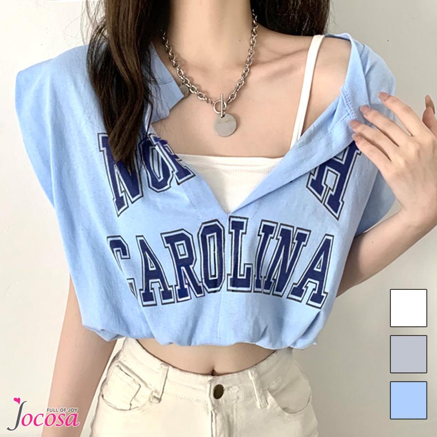 ロゴ ショート丈トップス キャミソール一体型 Tシャツ フレンチ 