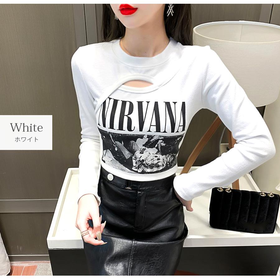 ショート丈トップス 長袖Tシャツ 穴あき へそ出し 長袖 クルーネック