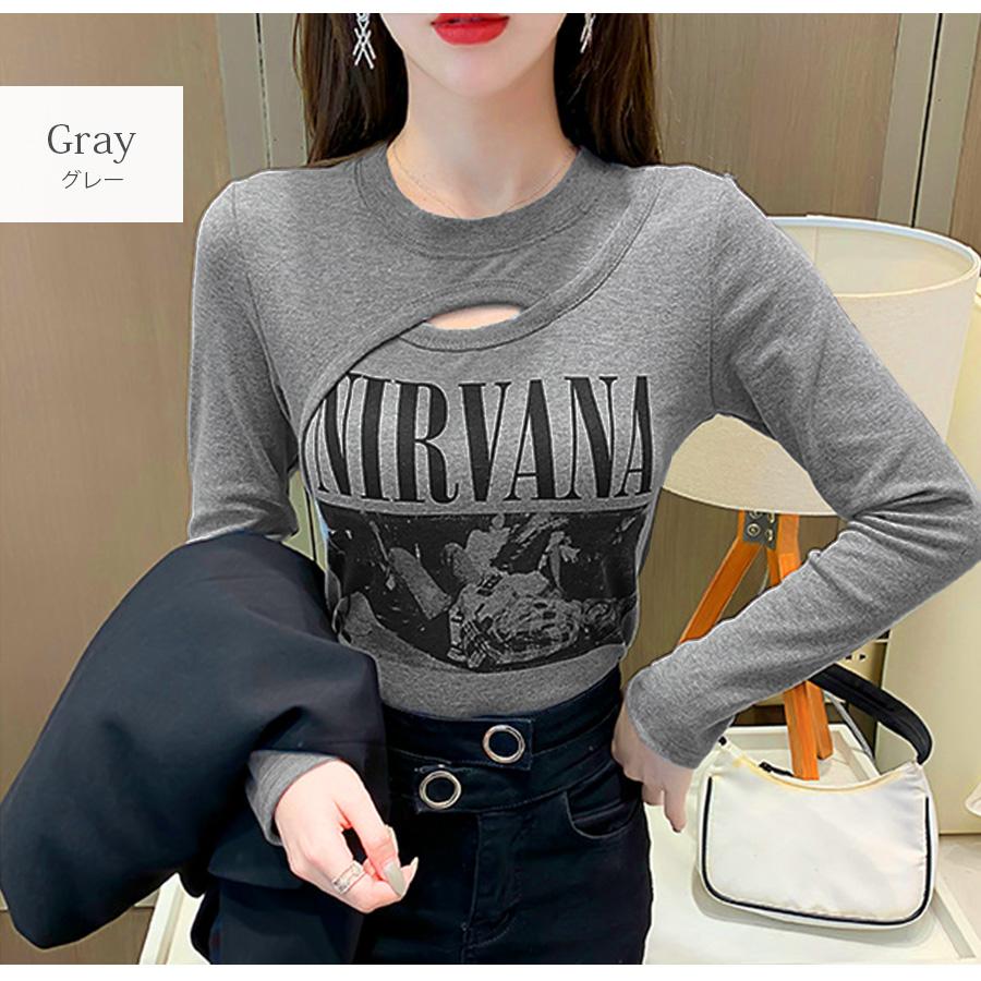 ショート丈トップス 長袖Tシャツ 穴あき へそ出し 長袖 クルーネック