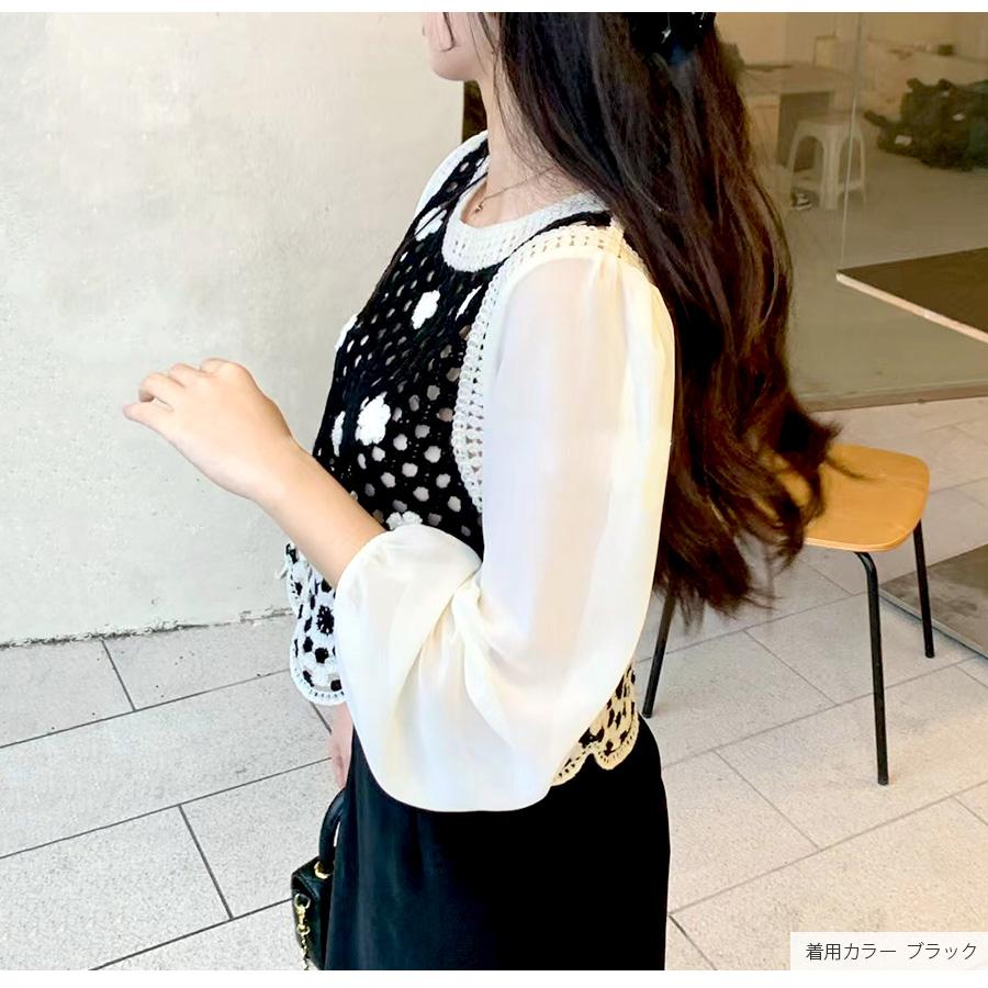 ブラウス 透かし編み 長袖 シフォン ニット ショート丈トップス 秋 春