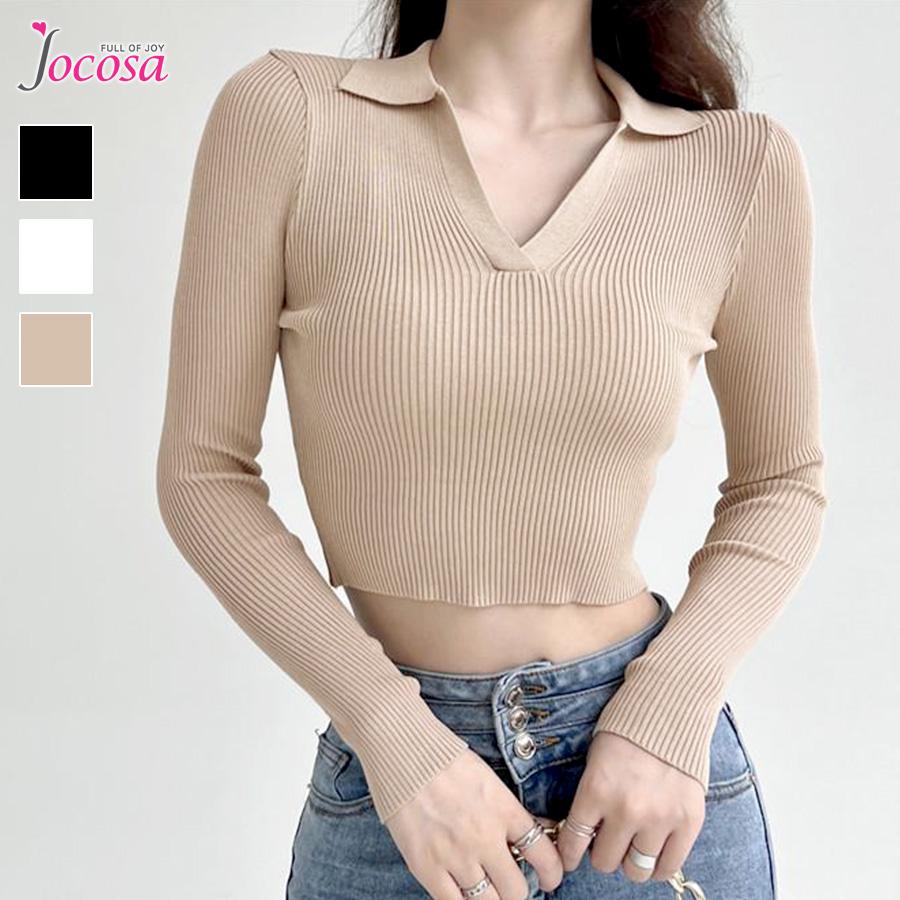 ニット トップス 襟付きVネック ショート丈 長袖 無地 韓国