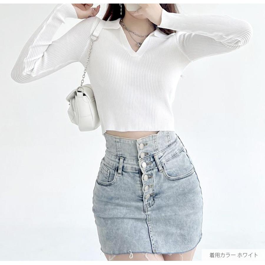 ニット トップス 襟付きVネック ショート丈 長袖 無地 韓国