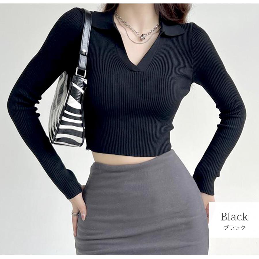 ニット トップス 襟付きVネック ショート丈 長袖 無地 韓国