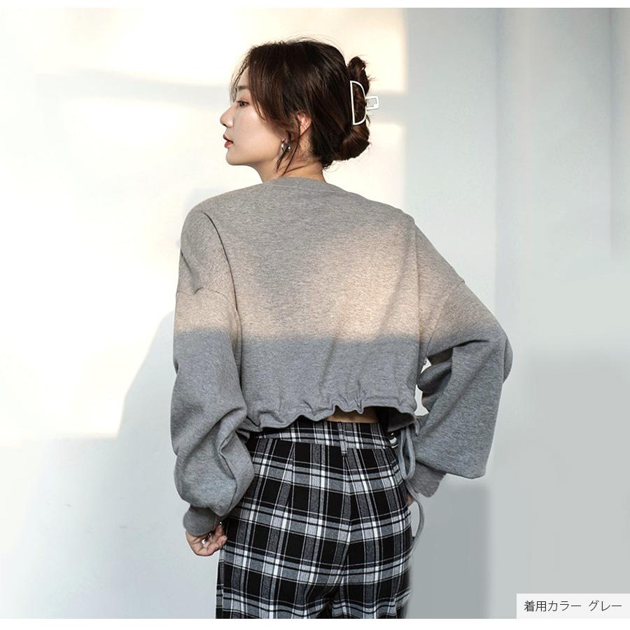 トップス ショート丈 2way ロゴ ギャザー 長袖 ラウンドネック