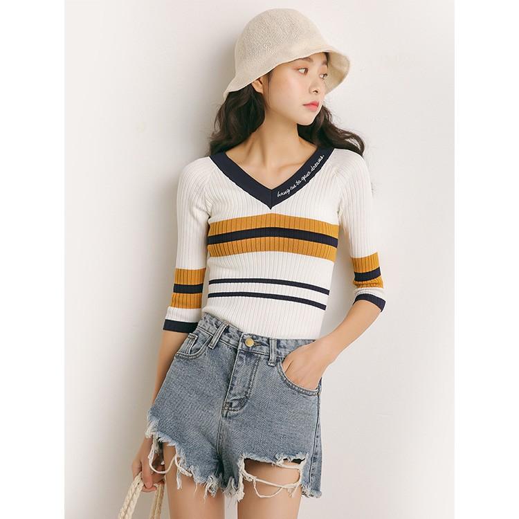 TM：レディース：Lサイズ：Vライン ストレッチ クルーネックセーター：白 トップス レディース ニット リブ マルチボーダー Vネック