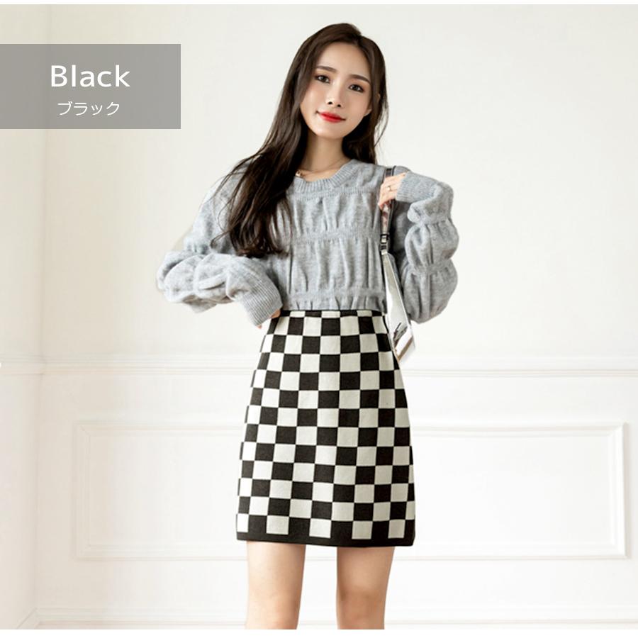 ニットスカート ミニ ブロックチェック柄 大人 カジュアル