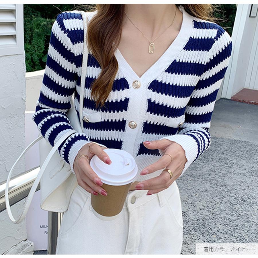 ニットカーディガン ボーダー Vネック 長袖 韓国ファッション トップス