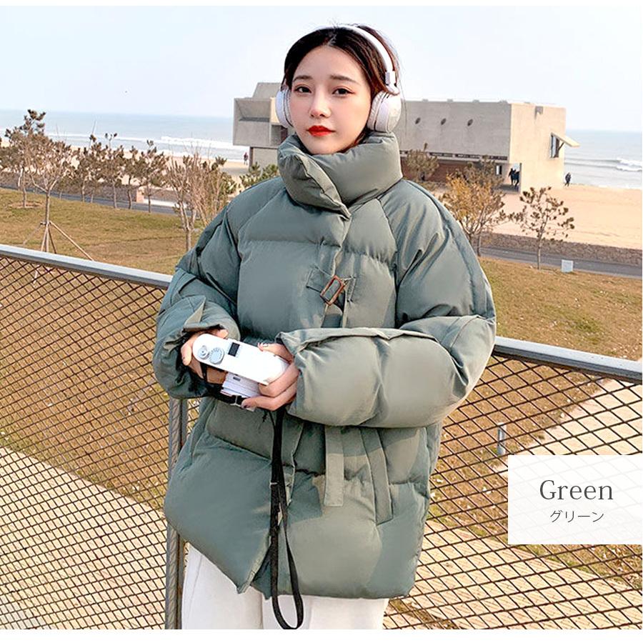 ダウン ジャケット アウター 長袖 ポケット ベルト ミディアム丈 無地