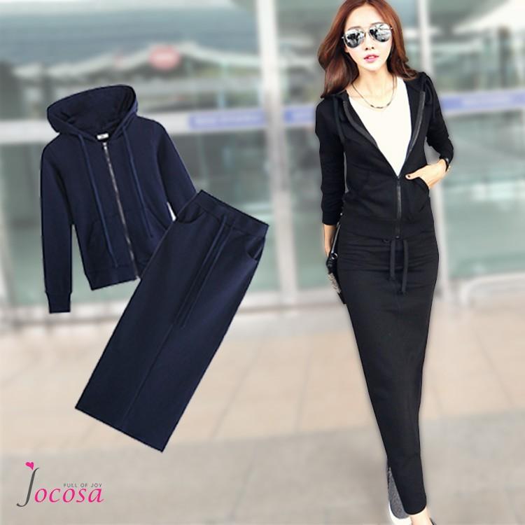 セットアップ Zip 長袖パーカー バックスリット ロングスカート ウエストゴム 綿 コットン 秋冬 レディース ブラックネイビー Jocosa 8412 防寒 8412 Jocosa Yahoo ショップ 通販 Yahoo ショッピング