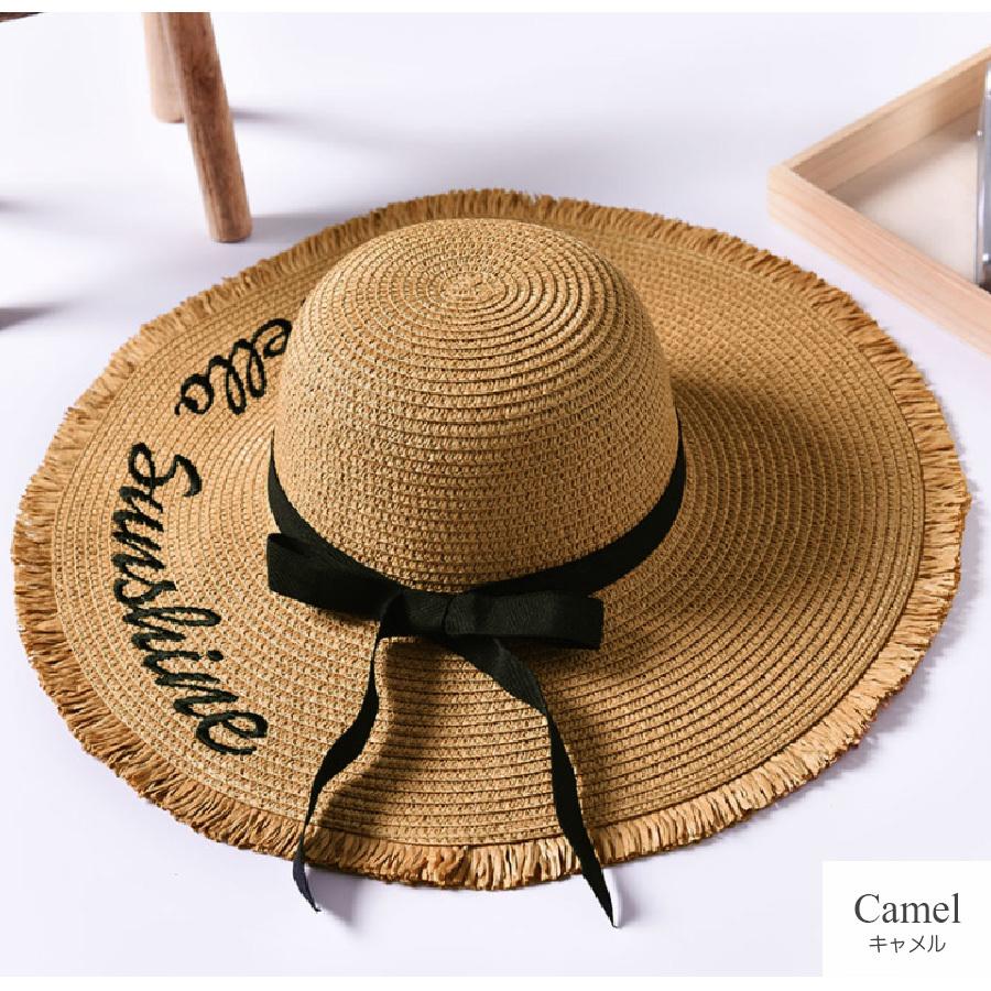 麦わら帽子 リボン レディース ハット 韓国 グレー ネイビー キャメル