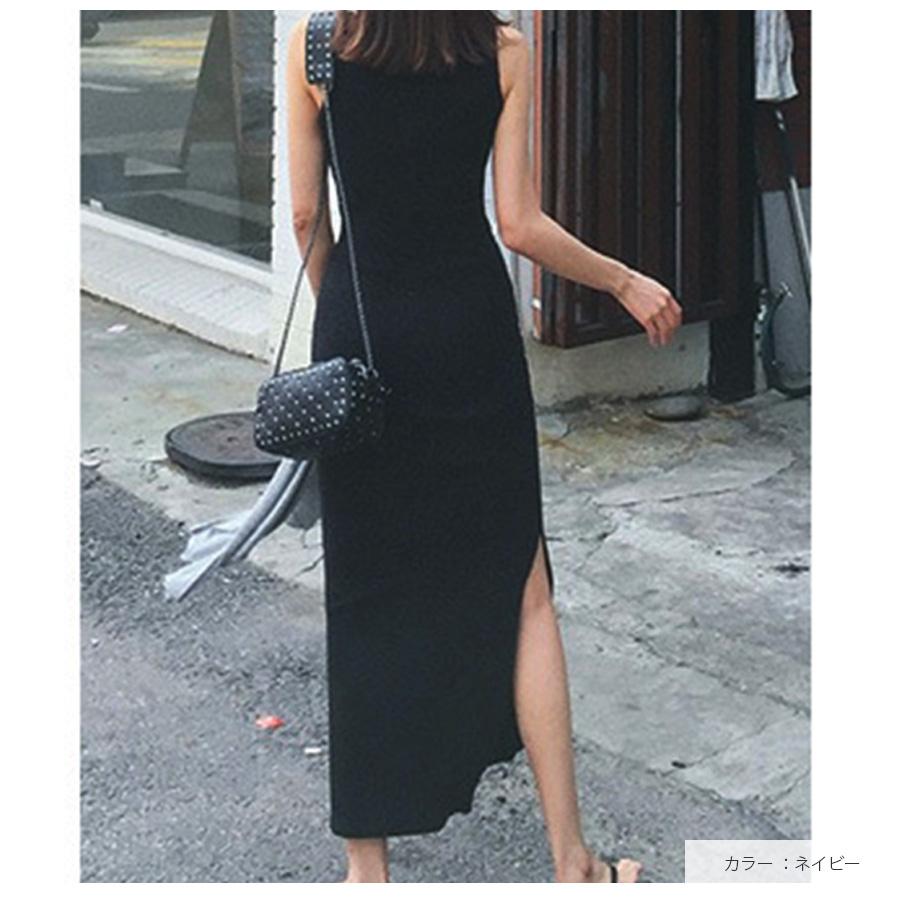 ワンピース レディース ロング スリット ノースリーブ リブ Ｕネック 前ボタン 薄手 春 夏 秋 冬 シンプル セクシー ブラック 黒 カーキ JOCOSA 8815