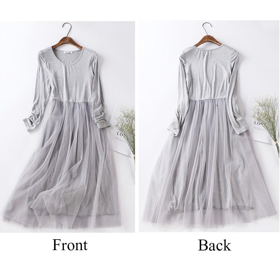 ワンピース レディース 長袖 チュール ひざ丈 ミディアム丈 チュール