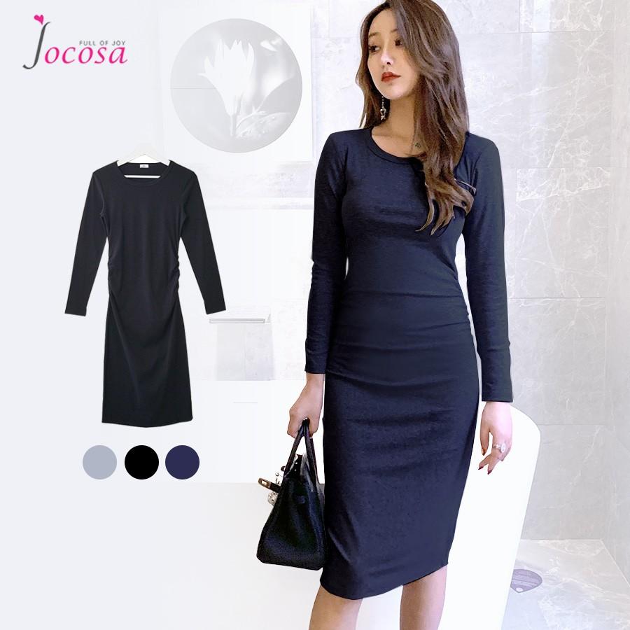 ワンピース レディース 長袖 ひざ丈 ミディアム丈 ギャザー 無地