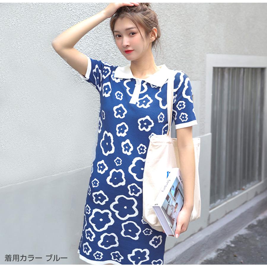 花柄ワンピース 半袖 ニットワンピース 韓国ファッション ポロシャツ